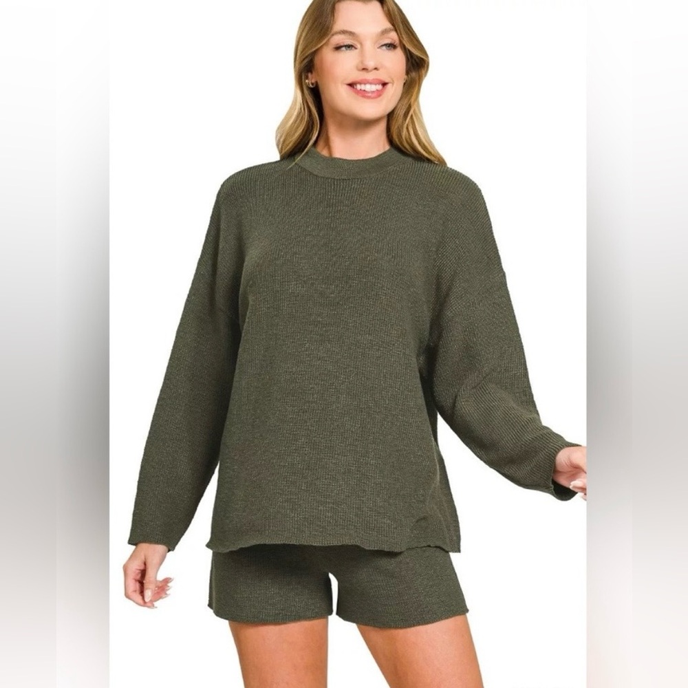New Zenana Knit Sweater & Shorts Set Olive Green Medium
